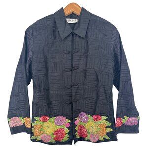Vintage Womens Silk Blazer M Black Textured Floral Applique Artsy Art2Wear Boho